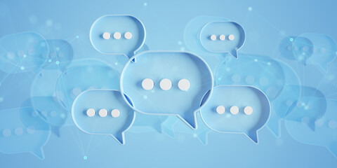 Minimalist blue speech bubbles talk icons floating over background. Modern conversation or social media messages with shadow. 3D rendering