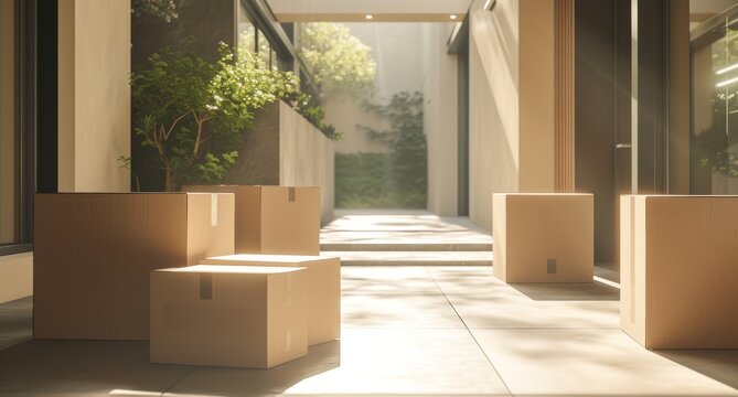 Cardboard boxes for moving into a new modern home. Move concept.