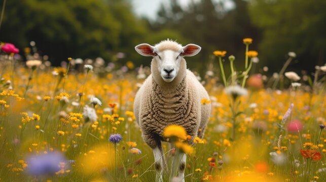 A sheep standing in a grassy. Generative Ai.