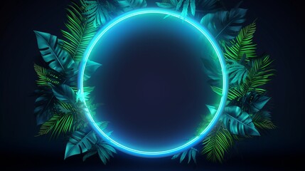 Fototapeta na wymiar Green and Blue Neon Light with Frame Tropical Leaves 