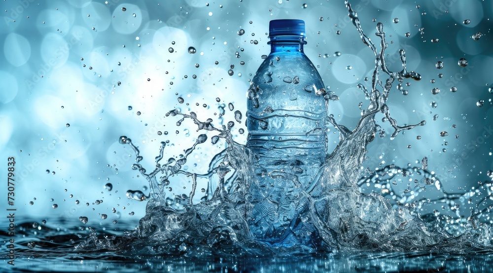 Poster a bottle surrounded by a splash of water captures a dynamic moment frozen in time.