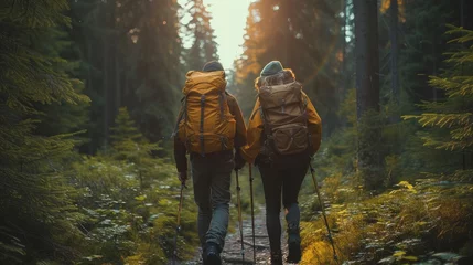 Foto op Plexiglas A Friends hiking in a forest moments of adventure. Generative AI. © visoot