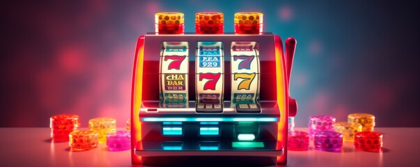 Slot machine on a dark background. Gambling. Generative AI.