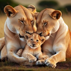 Obraz premium Two lionesses groom one of the pride's five cubs in Kenya's Maasai Mara.