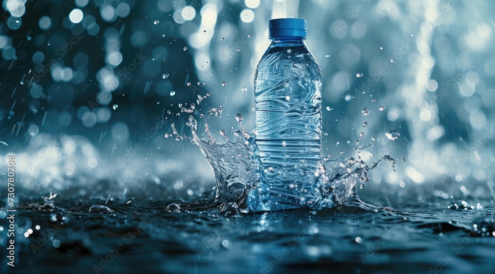 Poster a bottle surrounded by a splash of water captures a dynamic moment frozen in time.