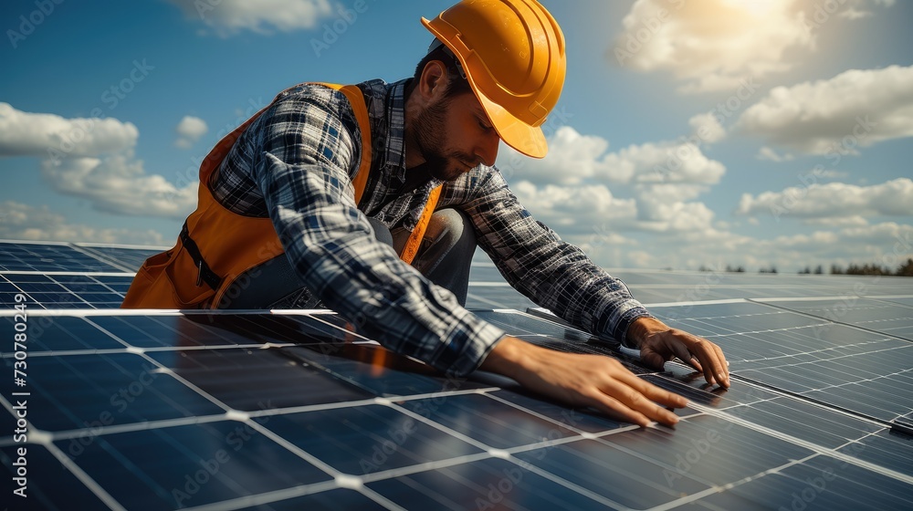 Poster a skilled electrician in action, focused on connecting solar panels to an advanced electrical system