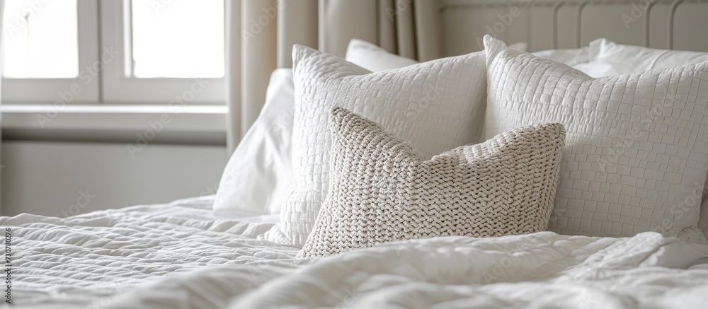 Poster decorative elements and fabric patterns on a white pillow and bed.
