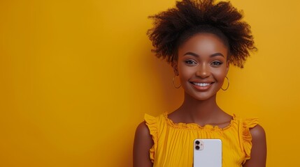 Positive African American pretty lady showing her modern cell phone on a yellow studio background, recommending a mobile app, collage.