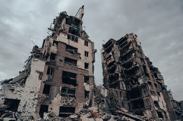 destroyed and burned houses in the city during the war in Ukraine