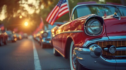 A vintage automobiles adorned with American flags. AI generate illustration