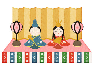 ひな祭りのおひな様とおだいり様の水彩画風