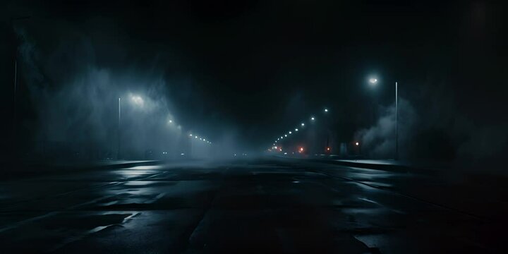 Wet asphalt, reflection of neon lights, a searchlight, smoke. Abstract light in a dark empty street with smoke, smog. Dark background scene of empty street, night view, night city. 4K AI video