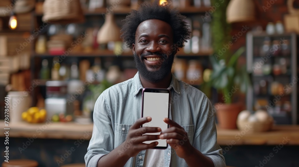 Poster a black man holding a large phone with a white blank screen in hand, pointing at the device and show