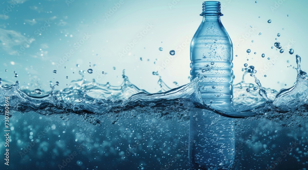 Poster the image features a bottle with a captivating water splash, creating a visually striking compositio