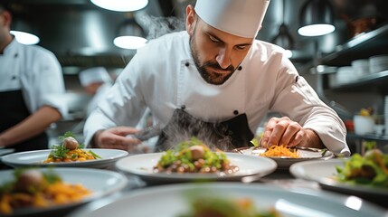 In the kitchen of a gourmet restaurant, chefs are using new equipment to develop creative dishes. Generative AI.