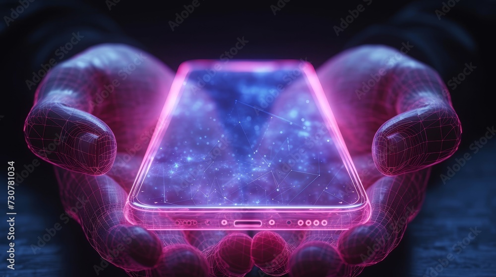 Aufkleber Abstract polygonal wireframe closeup mobile phone with empty gray screen, held by a man's hand and fingers. Illustration dark blue background. Communication app smartphone concept.