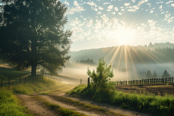 photo of a morning landscape in the countryside with sun rays