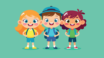 Happy cartoon kids with backpacks ready for school adventure