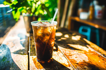 refreshing drink in summer: glass of cola with ice on woodtable outside. - obrazy, fototapety, plakaty