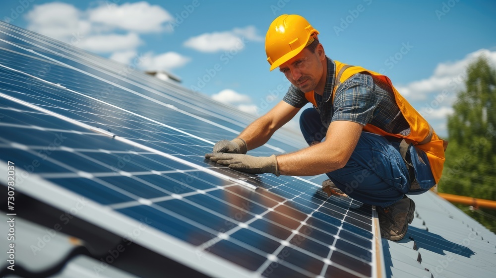Poster Engineers installing and connecting a solar panel system on roof. Green energy and energy saving. Generative AI.