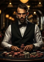 A dealer in a casino prepares a player's table for a game. Generative AI.