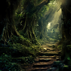 Enchanted pathway through a mystical forest.