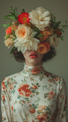  stylish woman in vintage dress with flowers 