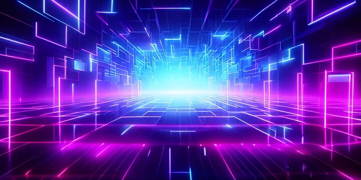 Cyan blue and purple grids neon glow light lines design on perspective floor, creativity, digital, internet, cyberpunk, virtual reality concept, hi-tech abstract backgroud. 4K AI video