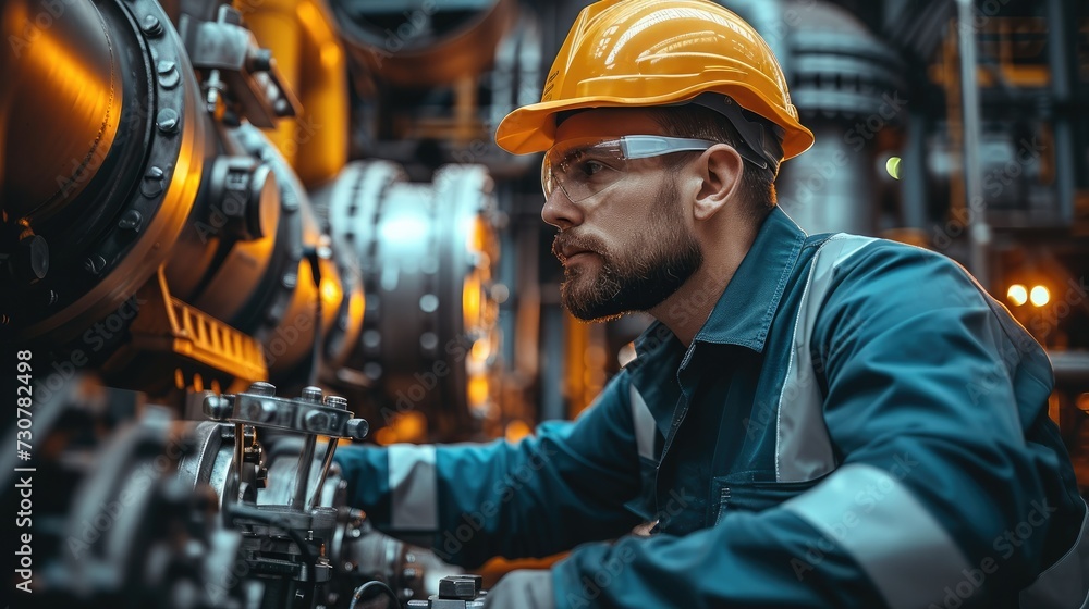 Poster an engineer in engineering is inspecting equipment on the site, surrounded by various industrial equ