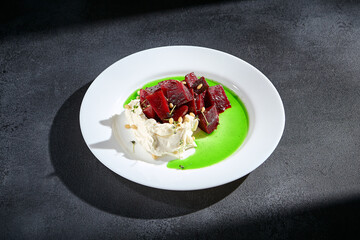 Gourmet beetroot salad with stracciatella cheese, pine nuts, and vibrant green sauce