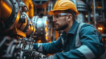 An engineer in engineering is inspecting equipment on the site, surrounded by various industrial equipment and building materials. Generative AI.