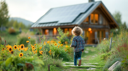 House with solar energy panel on the roof and child playing in the garden, eco-friendly energy concept