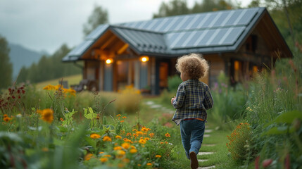 House with solar energy panel on the roof and child playing in the garden, eco-friendly energy concept