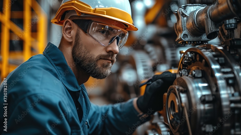 Poster an engineer in engineering is inspecting equipment on the site, surrounded by various industrial equ