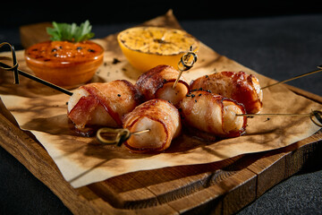 Close-up of chicken fillet wrapped in bacon on a wooden board with parchment