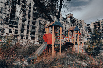 destroyed and burned houses in the city during the war in Ukraine
