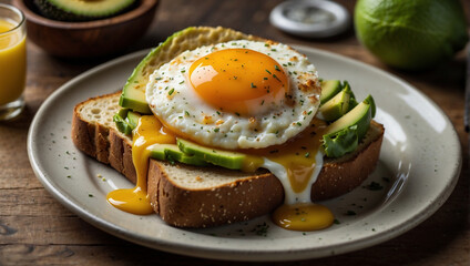 Gesundes Frühstück mit Avocado und Spiegelei auf Toast