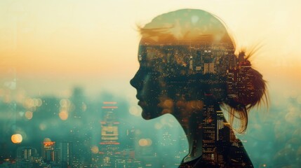 Silhouette of Thought: Double Exposure Woman and Cityscape