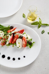 Classic Caprese salad with ripe tomatoes, mozzarella, and olives, garnished with fresh basil. Suitable for Italian cuisine promotions and cookbooks