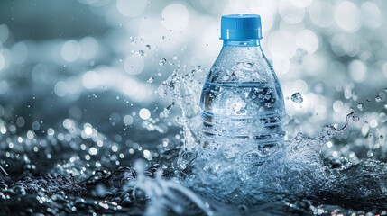Small plastic water bottle with water splash background - obrazy, fototapety, plakaty