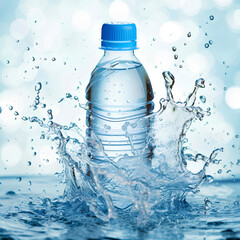Small plastic water bottle with water splash background