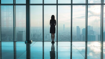 Corporate Dreamer: Woman Gazing Over Cityscape from High-rise Building