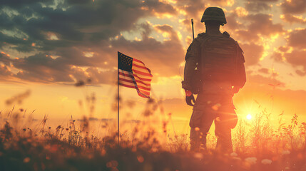 Soldier and US flag on sunrise background .Concept National holidays Veterans Day, Independence Day, Patriot Day