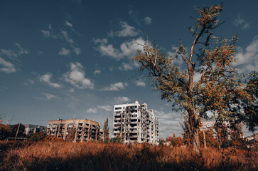 destroyed and burned houses in the city during the war in Ukraine