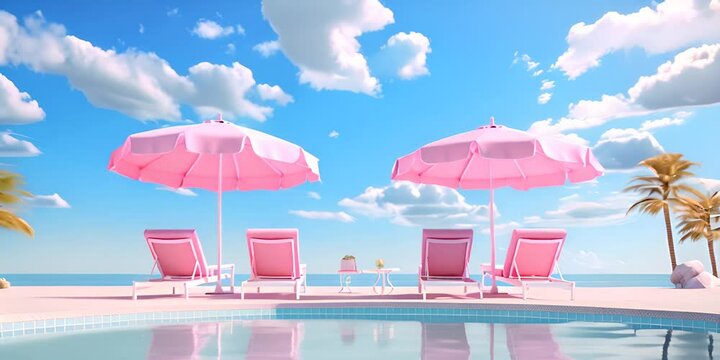 Swimming pool with beach umbrella and chairs. Pink summer vacation concept. Bright color, ultra realistic 4K AI video