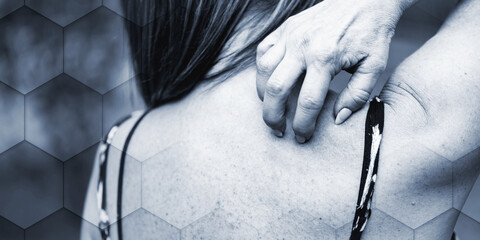 Woman scratching her back, geometric pattern