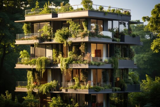 Green buildings concept. Eco-friendly green apartment or office building with vertical garden design for sustainability, Modern architecture, covered with moss and plants