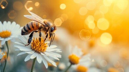 Naklejka premium Bee gathering pollen on a flower with a honeycomb background, [honeycomb day