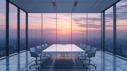 Modern Meeting Room with Cityscape View at Sunset