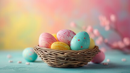 Fototapeta na wymiar Colorful Easter eggs arranged in a basket against a soft pastel backdrop, [Easter banner Easter basket pastel background for designer work